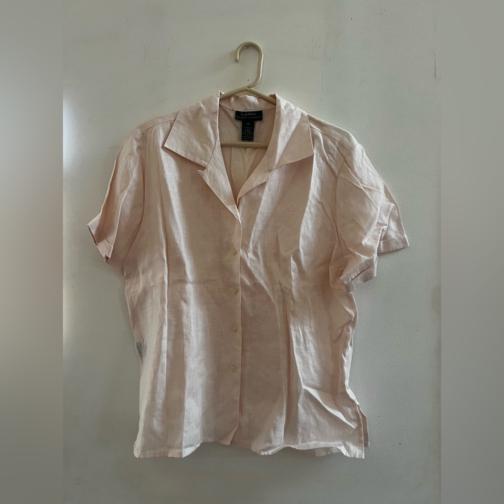 Lauren Ralph Lauren Linen Blouse Pink Short Sleeve Coastal Nantucket Size 14 - Picture 2 of 4